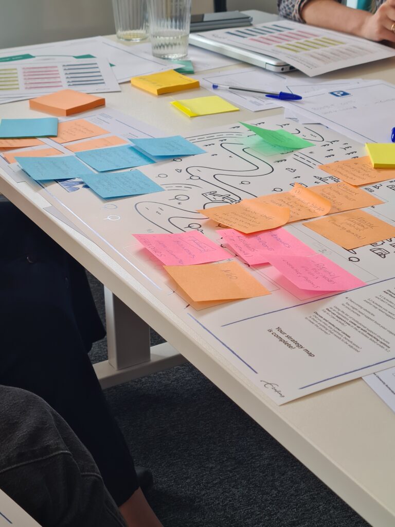 Photo of templates and sticky notes on a table. 