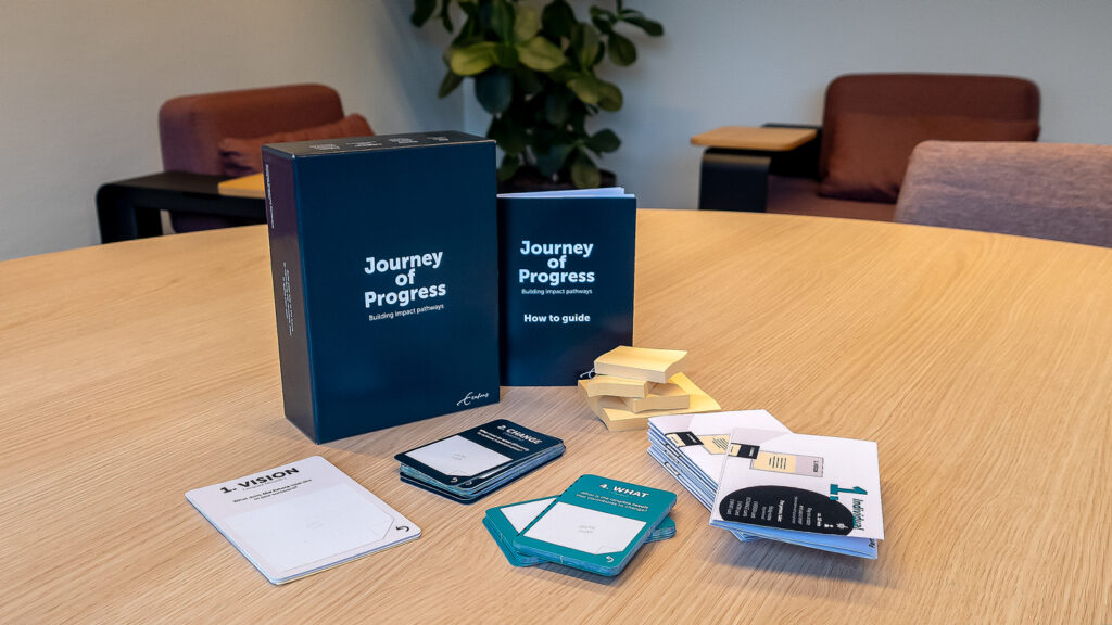 A photo of the Journey of Progress cards game: with cards and stacks of sticky notes. 