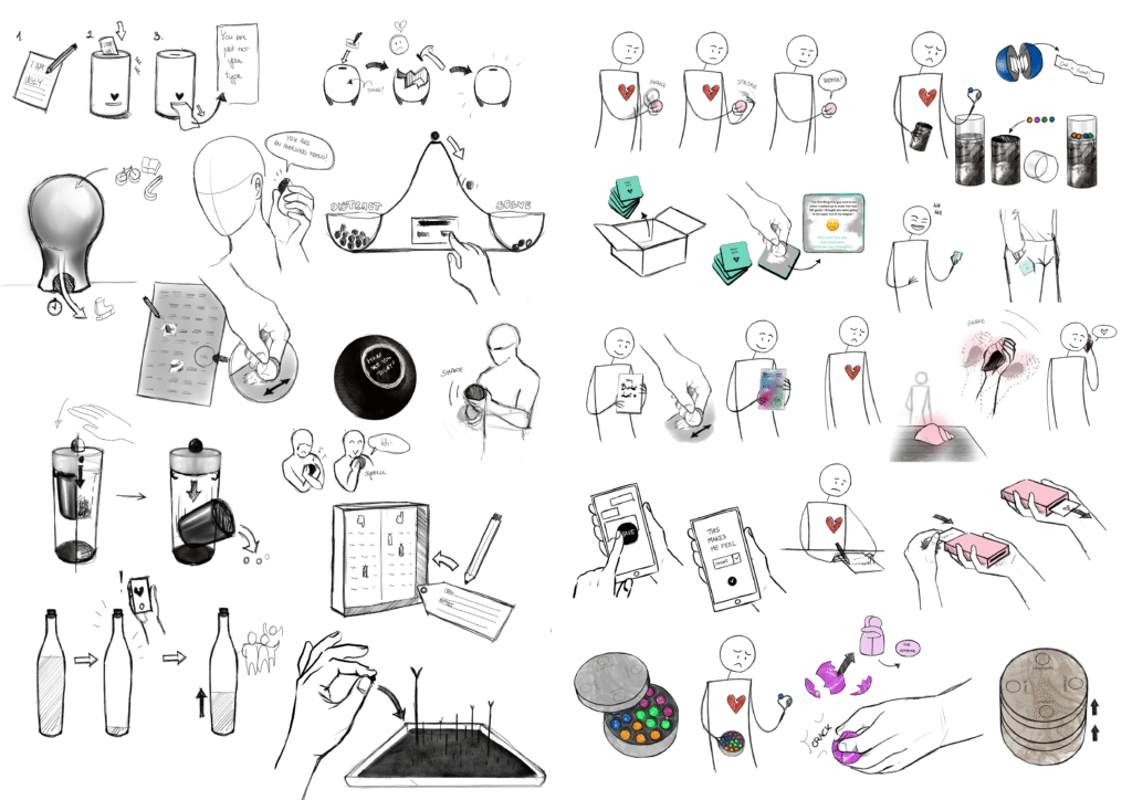 A collection of sketches depicting product ideas.