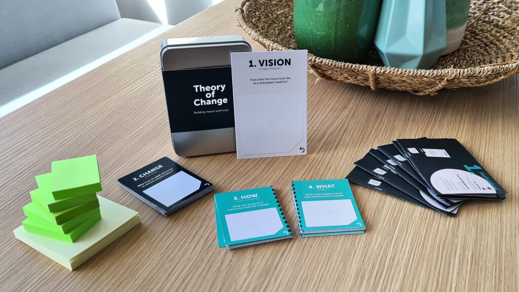 A photo of an early version of the game with cards on the table. 